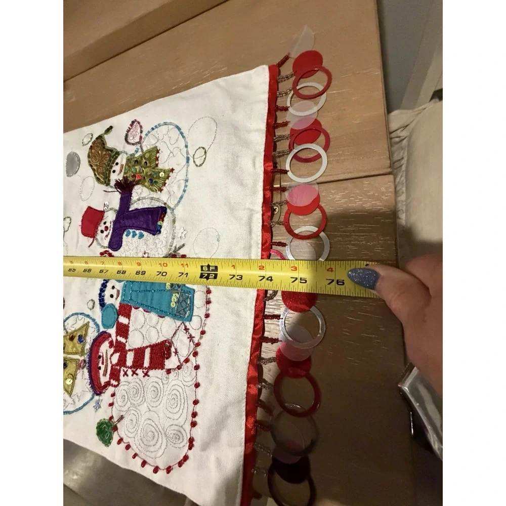 Pier 1 Embroidered Beaded  Christmas Table Runner~Whimsical Snowman Sequins~72
